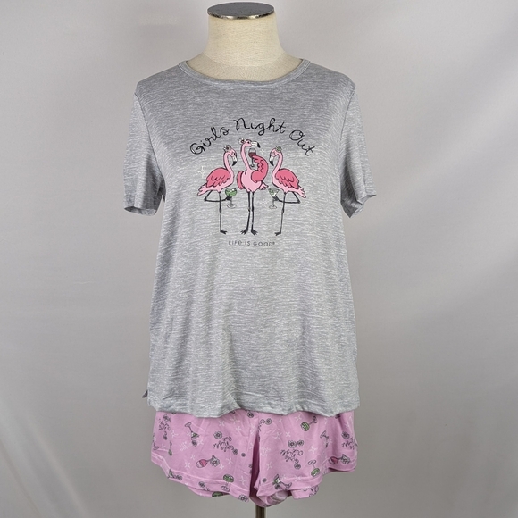 Life Is Good Flamingo Girls Night Out PJ Set Short Sleeve Shorts Pink Grey M NWT - Picture 8 of 13